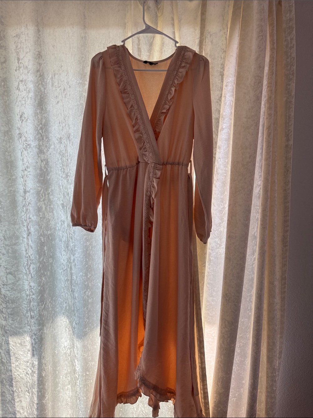 Ruffle Trim Women’s Maxi Faux Wrap Dress in Nude/ Blush